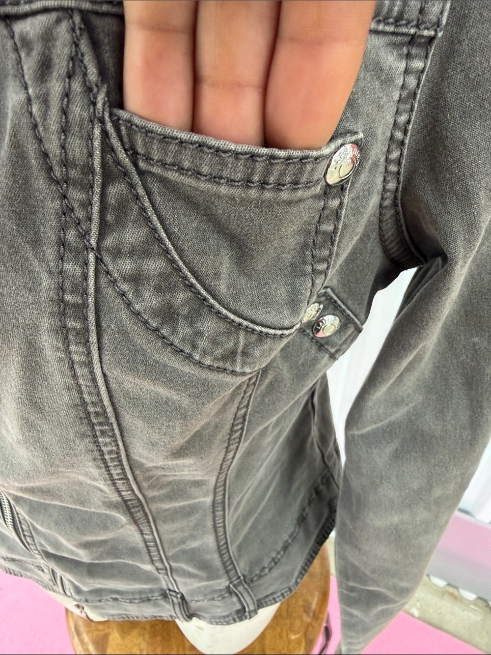 Women’s Grey Zip-Front Denim Jacket - Picture 4 of 11